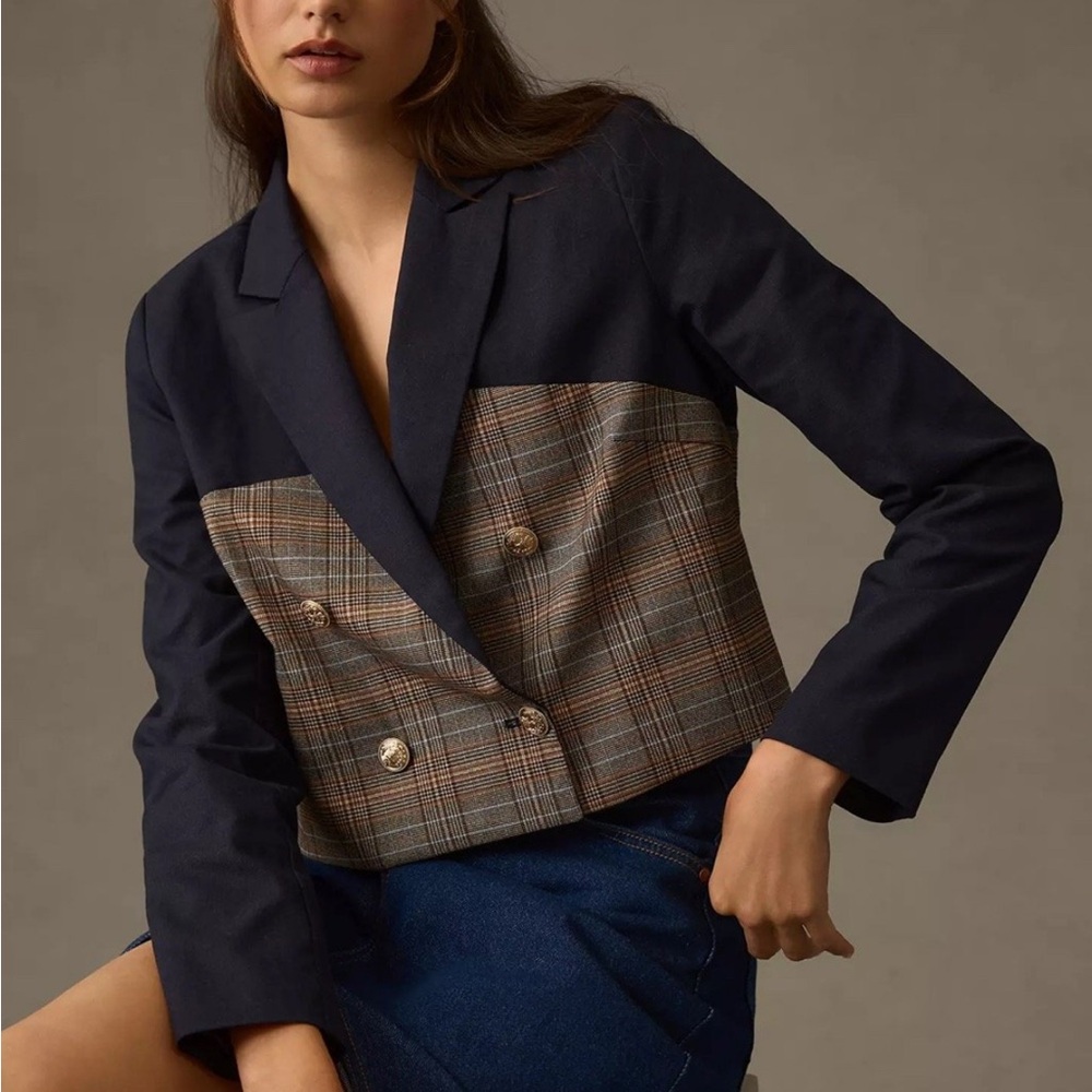 Jason Wu Navy Linen & Plaid Mixed Media Double Breasted Cropped Blazer M - Picture 5 of 8
